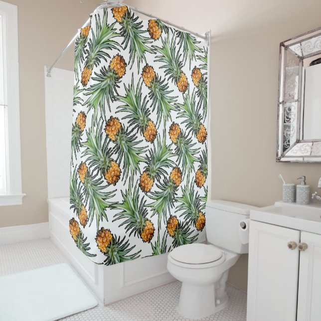 Rideaux De Douche Motif de pinède tropicale sur fond blanc (En situation)