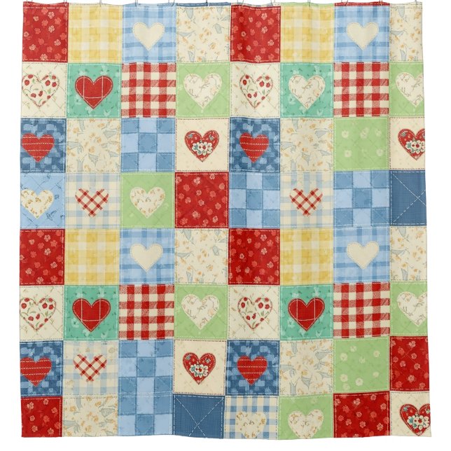 Rideaux De Douche Motif de pique-nique Cœurs Patchwork Rustique (Devant)
