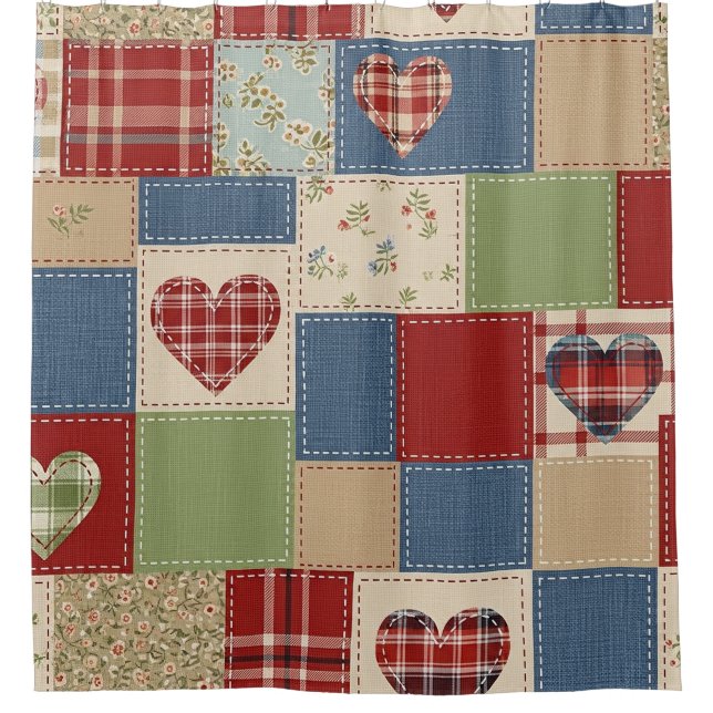 Rideaux De Douche Motif de pique-nique Cœurs Patchwork Rustique (4) (Devant)