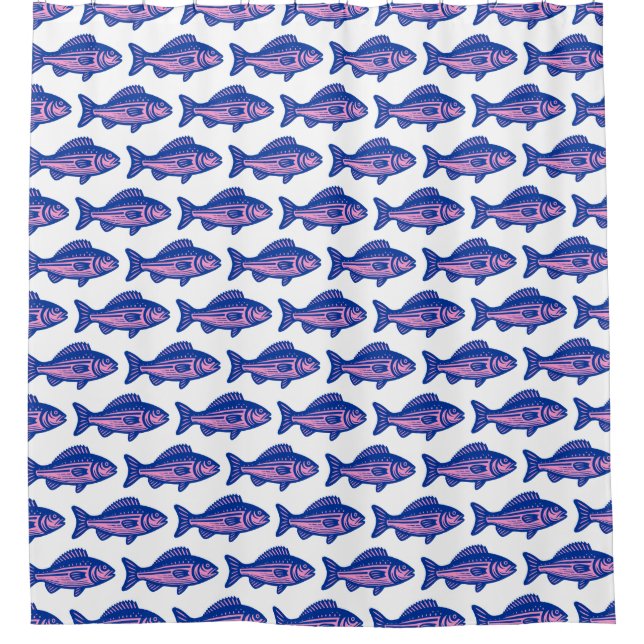 Rideaux De Douche Motif de poisson - bleu marine et rose sur blanc (Devant)