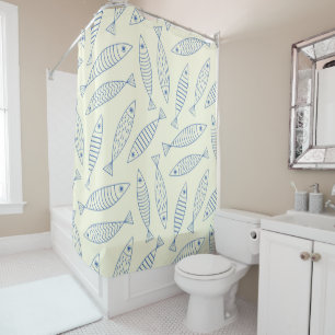 Rideaux De Douche Motif de poisson sardine bleu doodle contour