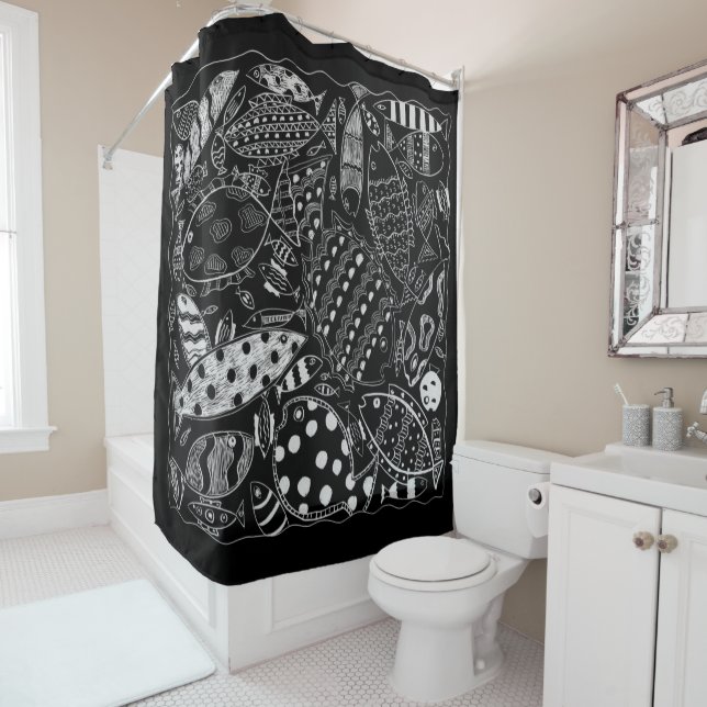 Rideaux De Douche Motif De Poissons Décoratifs Noir Et Blanc Moderne (En situation)