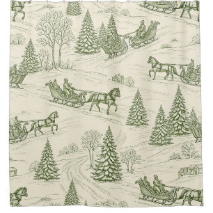 Rideaux De Douche Motif de promenade en traîneau de Noël Toile verte