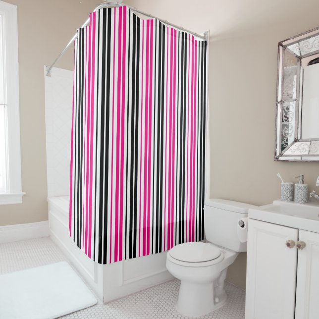 Rideaux De Douche Motif de rayures blanches noires roses Design  (En situation)