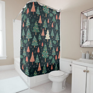 Rideaux De Douche Motif de sapin de Noël vert et corail festif