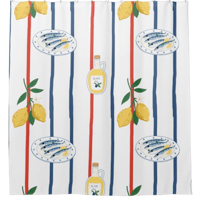 Rideaux De Douche Motif de sardines et citrons méditerranéens (Devant)