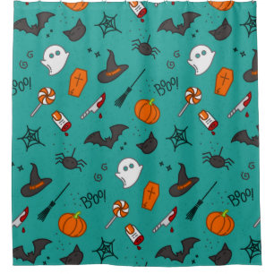 Rideaux De Douche Motif de style plat Halloween Turquoise.
