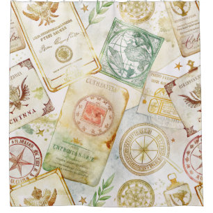 Rideaux De Douche Motif de tampon de voyage du monde vintage (7)