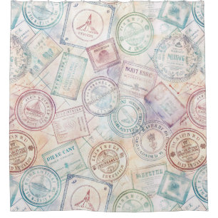 Rideaux De Douche Motif de tampon de voyage du monde vintage (8)
