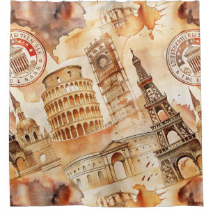 Rideaux De Douche Motif de tampon de voyage du monde vintage (9)