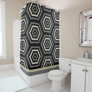 Rideaux De Douche Motif de tuile noire Hexagon Penny Hex