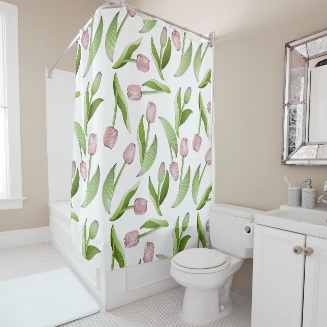 Rideaux De Douche Motif de tulipe rose moderne (En situation)