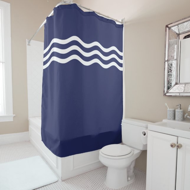 Rideaux De Douche Motif de vague marine bleu et blanc (En situation)