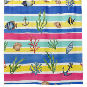 Rideaux De Douche Motif de vie marine côtière coloré (7)