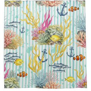 Rideaux De Douche Motif de vie marine côtière coloré (8)