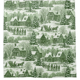 Rideaux De Douche Motif de village de Noël vintage toile verte