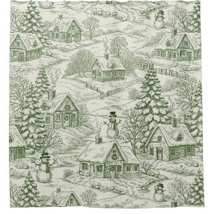 Rideaux De Douche Motif de village de Noël vintage toile verte