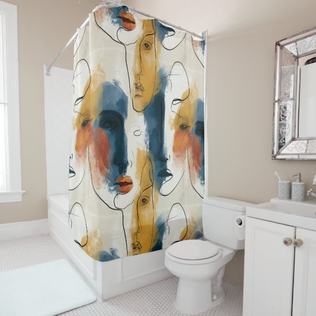 Rideaux De Douche Motif de visages de femmes en ligne continue abstr (En situation)