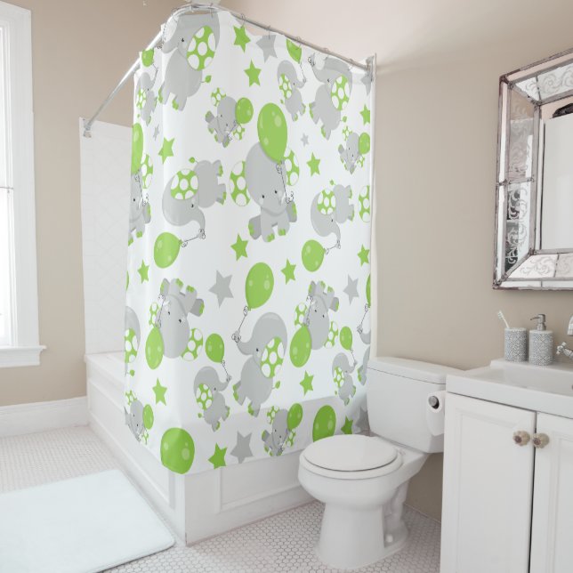 Rideaux De Douche Motif Des Eléphants, Eléphants Mignons - Grey Vert (En situation)
