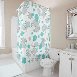 Rideaux De Douche Motif Des Eléphants, Eléphants Mignons - Gris Bleu