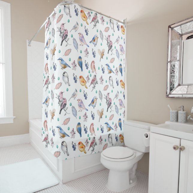 Rideaux De Douche Motif des oiseaux de printemps (En situation)