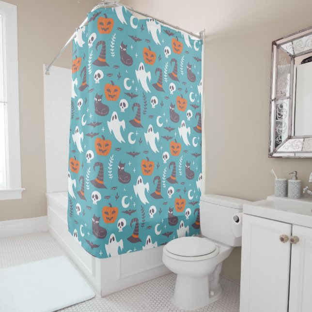 Rideaux De Douche Motif d'Halloween Turquoise amusant (En situation)