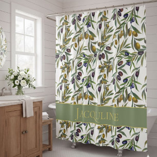 Rideaux De Douche Motif d'olive de campagne française aquarelle vert