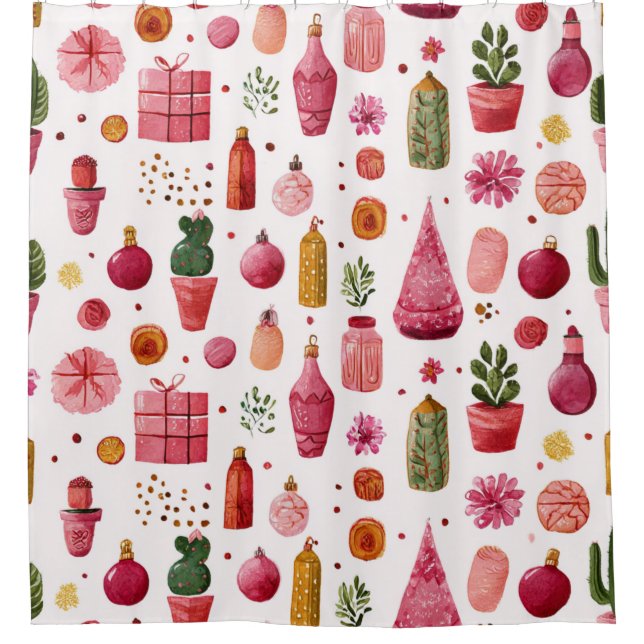 Rideaux De Douche Motif d'ornements de Noël de cactus rose (Devant)
