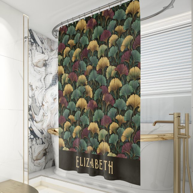 Rideaux De Douche Motif élégant de Ginkgo Monogramme de nom Tons de  (Créateur téléchargé)