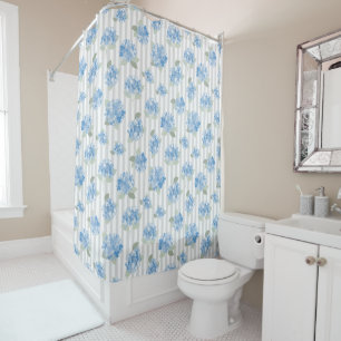 Rideaux De Douche Motif élégant d'hortensia bleu avec rayure grise 