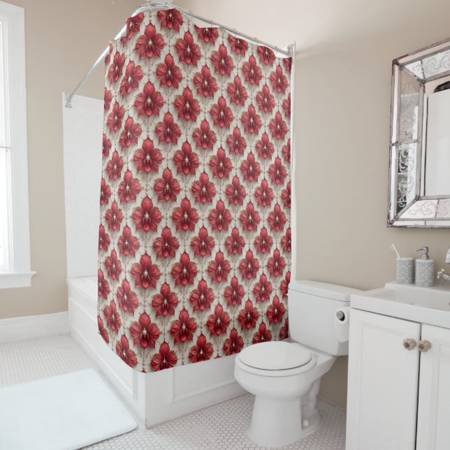 Rideaux De Douche Motif élégant d'orchidée rouge avec perles (En situation)