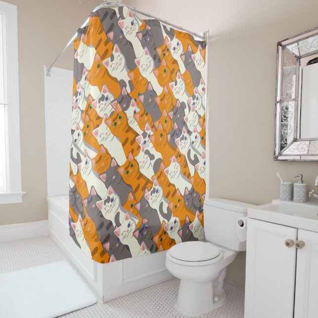 Rideaux De Douche Motif en diagonale du chat noir blanc gingembre (En situation)