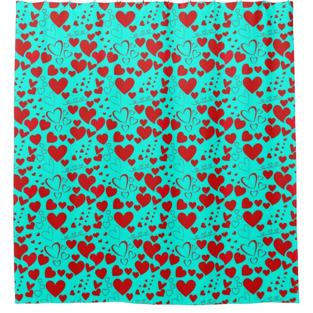 Rideaux De Douche Motif en forme de coeur rouge en turquoise vide (Devant)