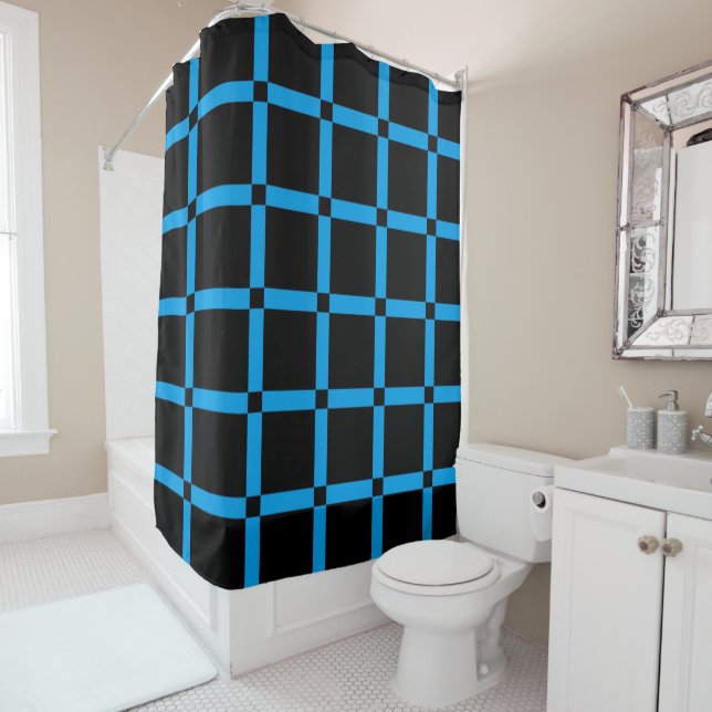 Rideaux De Douche Motif en Grille Bleue Noir & Néon (En situation)