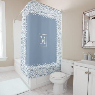 Rideaux De Douche Motif et monogramme bleu et blanc poussiéreux