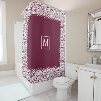 Rideaux De Douche Motif et monogramme de damas bordeaux et blancs
