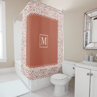 Rideaux De Douche Motif et monogramme en terre cuite et blanc damass