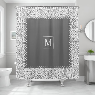 Rideaux De Douche Motif et monogramme gris et blanc damassé