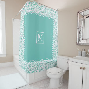Rideaux De Douche Motif et monogramme turquoise bleu et blanc damass