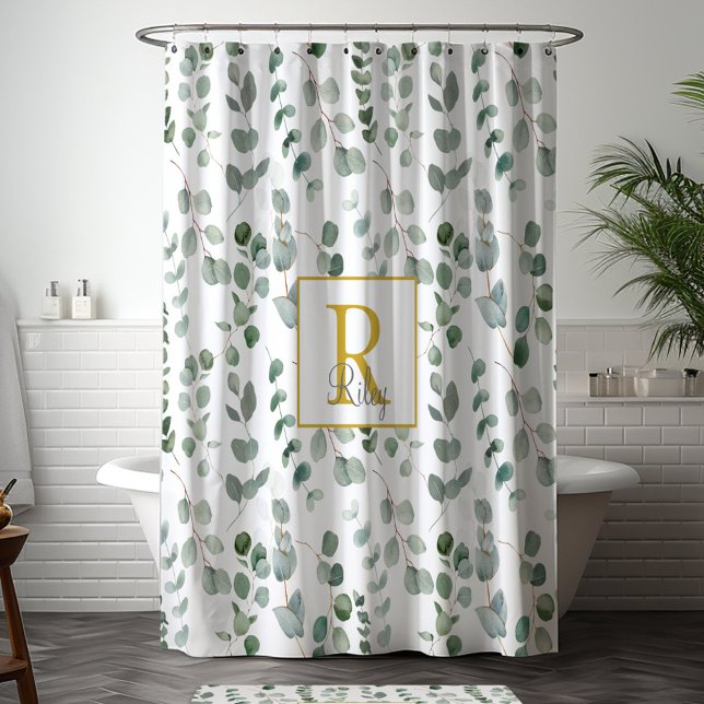 Rideaux De Douche Motif Eucalyptus Monogramme (In situ bathroom)