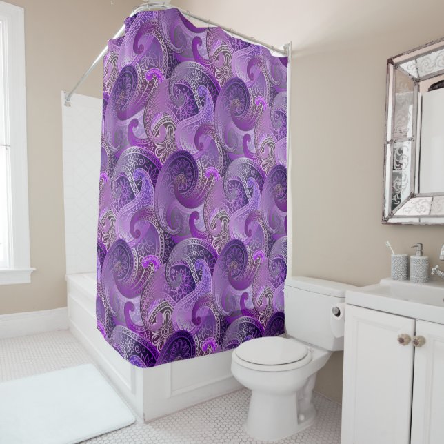 Rideaux De Douche Motif Exotique Violet Paisley Boho Damask (En situation)