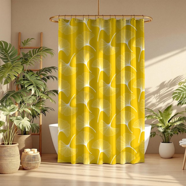 Rideaux De Douche Motif feuille abstrait blanc et jaune (Créateur téléchargé)