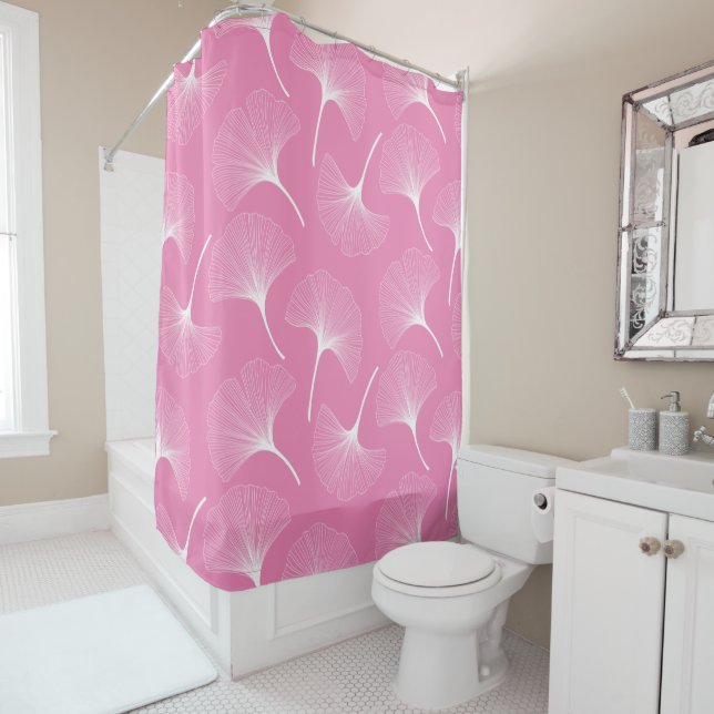 Rideaux De Douche Motif feuille abstrait blanc et rose (En situation)