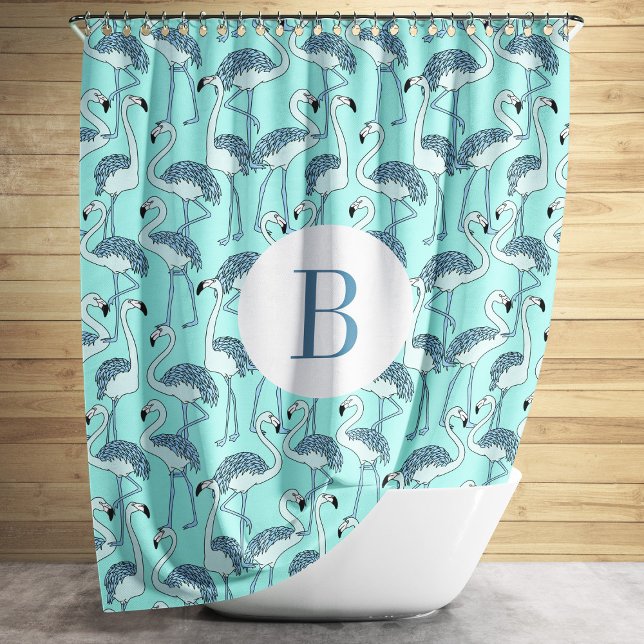 Rideaux De Douche Motif Flamants Roses Bleus Monogramme Mignon (Cute Monogram Blue Flamingos Pattern Shower Curtain)