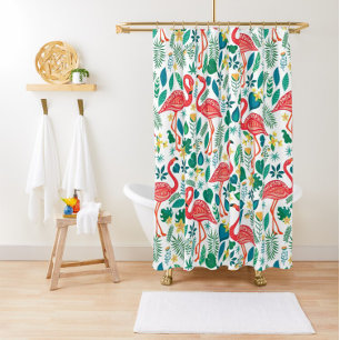 Rideaux De Douche Motif Flamants roses roses et fleurs tropicales