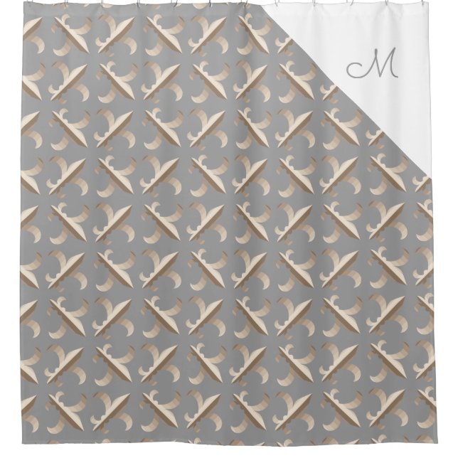 Rideaux De Douche Motif fleur de lis rayé et monogrammé (Devant)