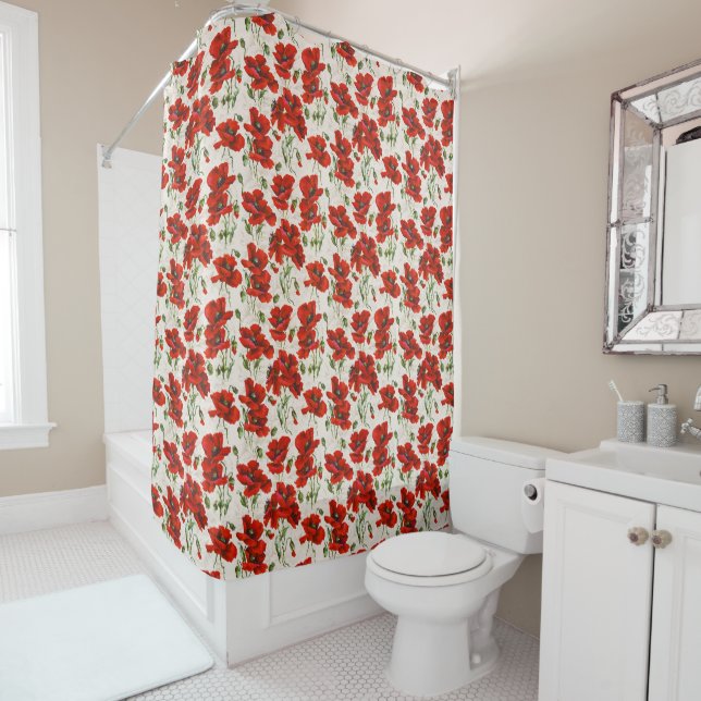 Rideaux De Douche Motif floral à coquelicot rouge vintage, Art botan (En situation)