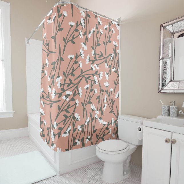 Rideaux De Douche Motif floral blanc rose et vert (En situation)