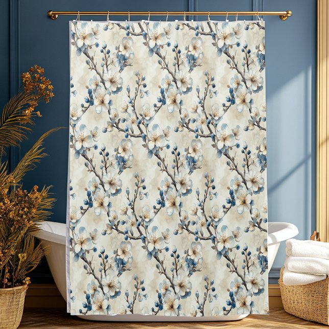 Rideaux De Douche Motif floral bleu aquarelle blanc (Créateur téléchargé)