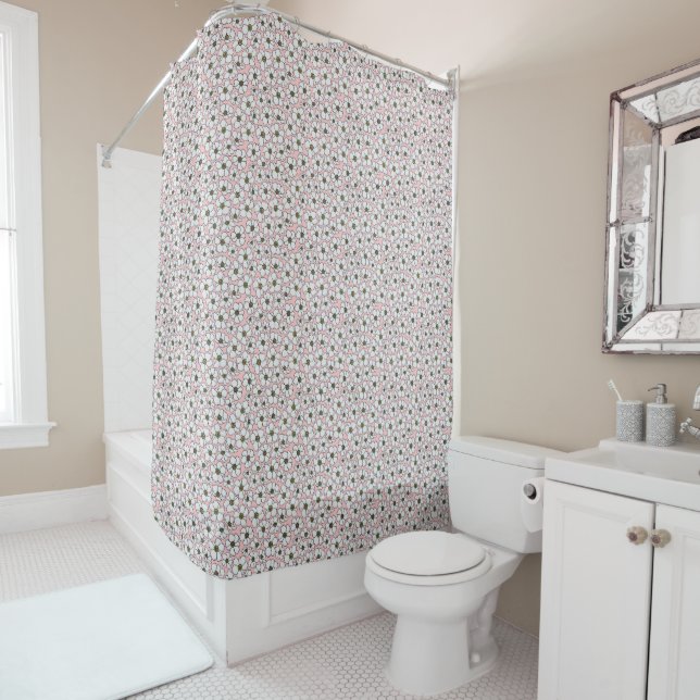 Rideaux De Douche Motif floral boho blanc et rose  (En situation)